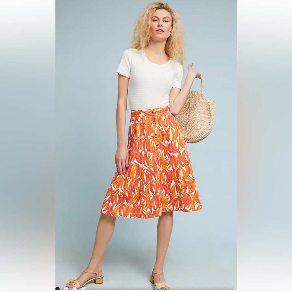 Anthropology Maeve Banana Grove Midi skirt color‎ orange and white size 6